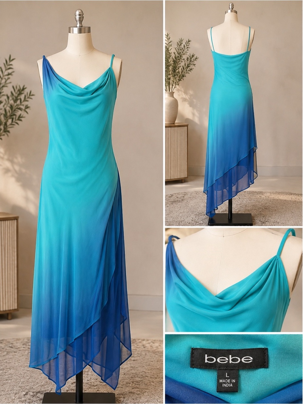 bebe Teal-to-Blue Ombre Cowl Neck Asymmetric Slip Dress